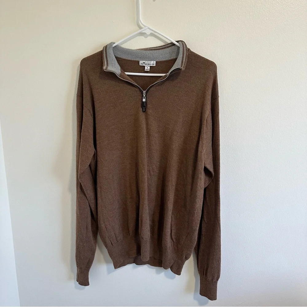 Peter Millar Brown 1/4 Zip Pullover Golf Sweater Size XL Silk Merino Wool